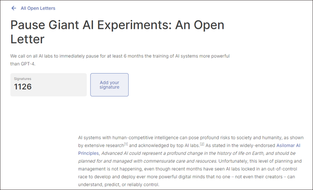 马斯克等千名科技人士呼吁暂停训练高级AI，公开信截图